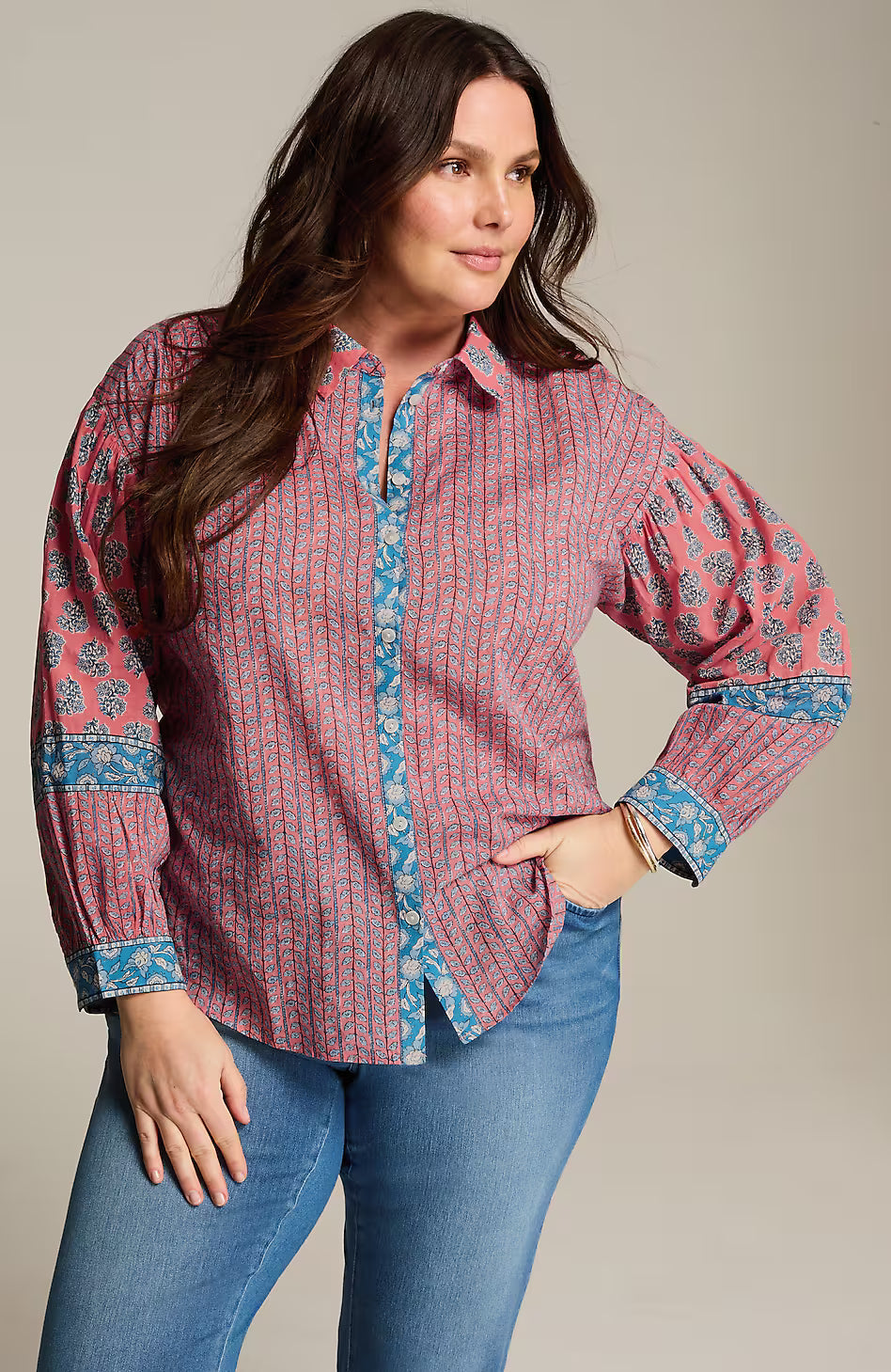 Pure Jill Mixed-Print Button-Front Top