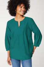 Paisley-Embroidered Split-Neck Top