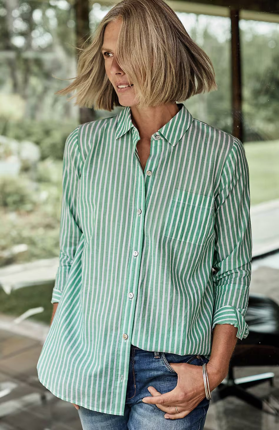 One-Pocket Shirred-Back Shirt