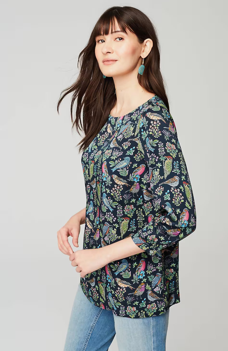 Bird-Printed Boat-Neck Top