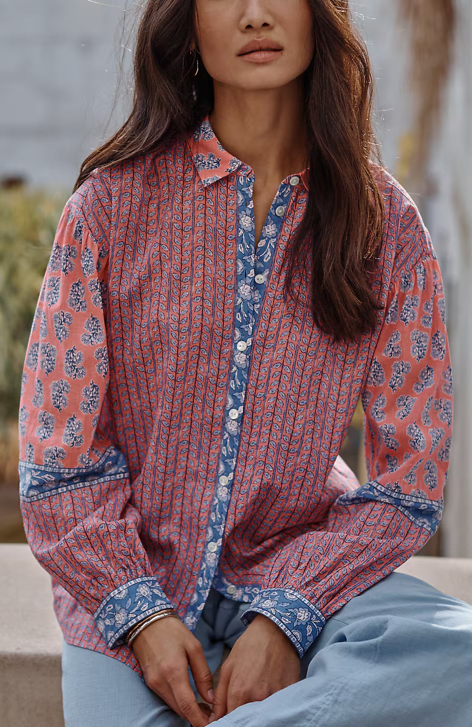 Pure Jill Mixed-Print Button-Front Top