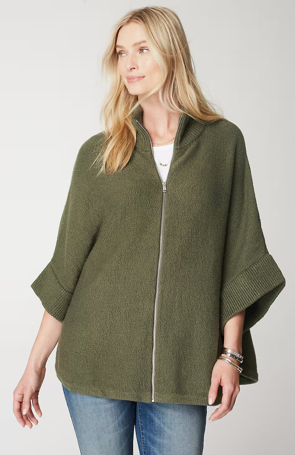 Jacquard-Knit Zip-Up Poncho