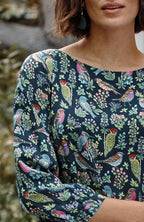 Bird-Printed Boat-Neck Top