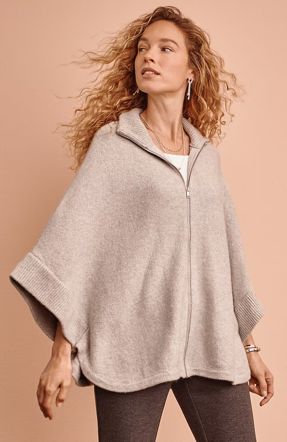 Jacquard-Knit Zip-Up Poncho