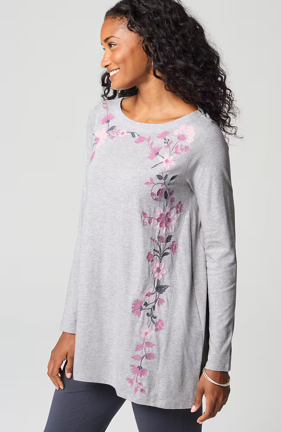 Pure Jill Embroidered Dipped-Hem Tunic