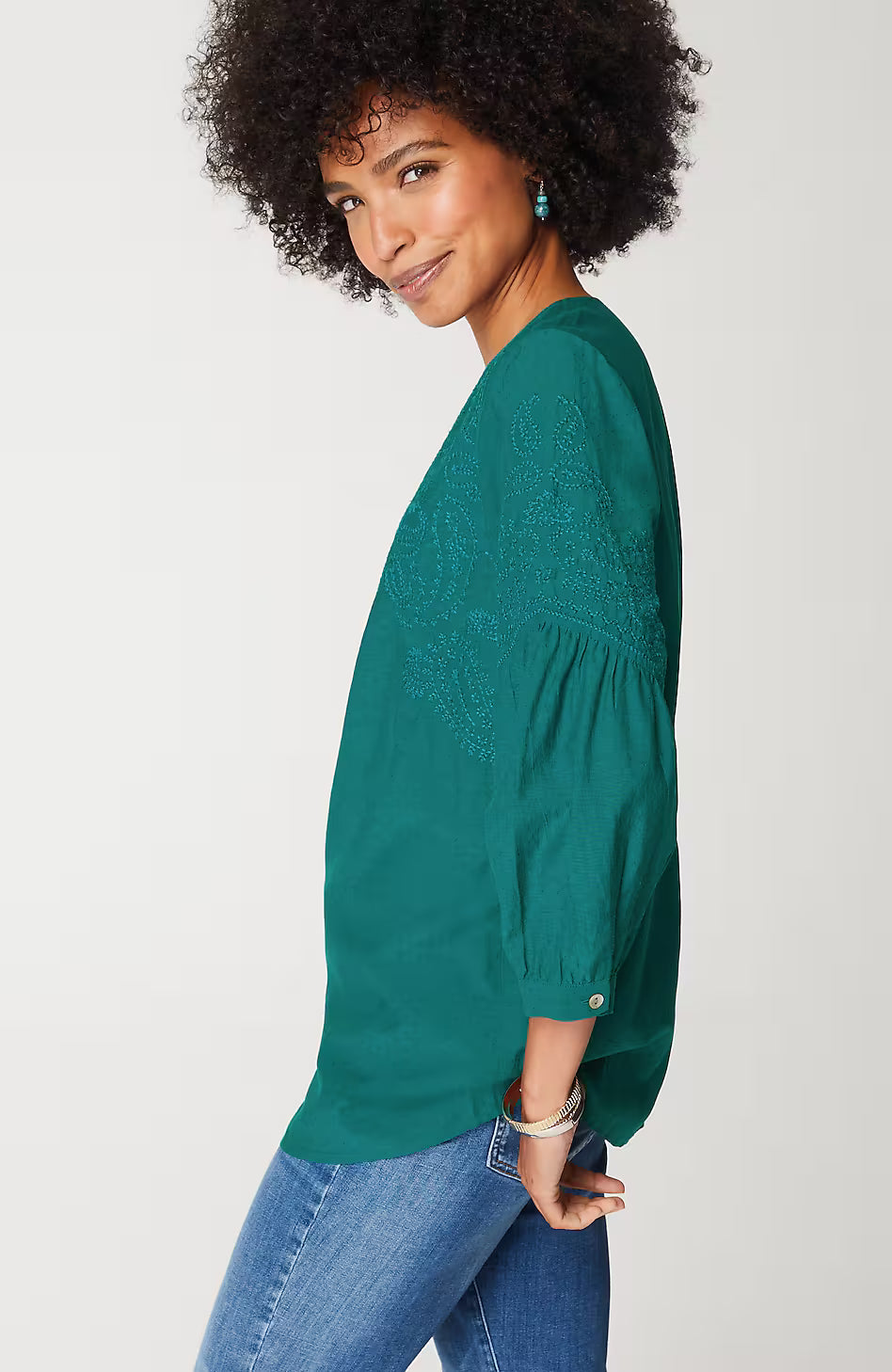 Paisley-Embroidered Split-Neck Top